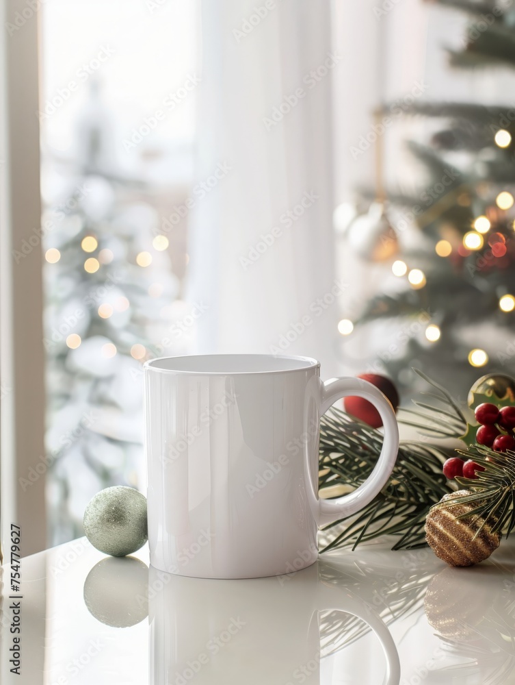 Mockup of White coffee Mug, Cozy home, Chrismas element background Mockup of White coffee Mug, Cozy home, Chrismas element background