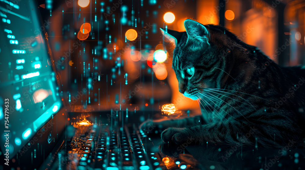 a cat with computer hacking concept, generative ai - obrazy, fototapety, plakaty 