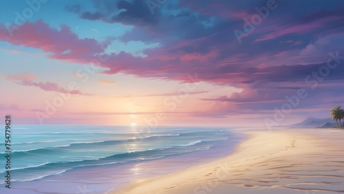 A twilight beach scene  the merging colors of sand  sea  and sky creating a tranquil  dreamy atmosphere without defined lines  generative AI