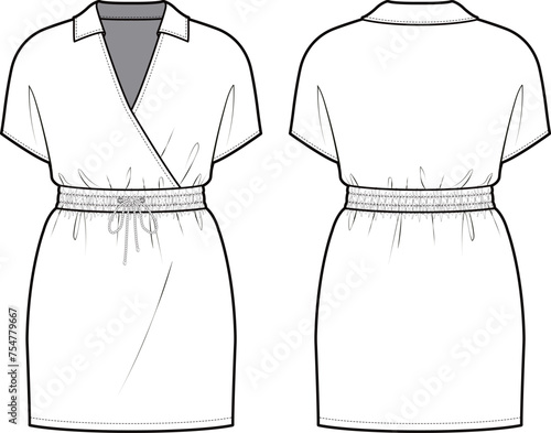 Technical flat sketch of Collar neck wrap mini dress. V-neck surplice dress with drop shoulder. Elasticated waist band with drawstring details. Front and back apparel. Vector mock up Template.  photo