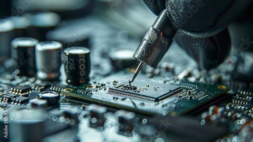 close up of a electronic circuit board, repair of a computer, close up of a computer board soldering with soldering iron by technician