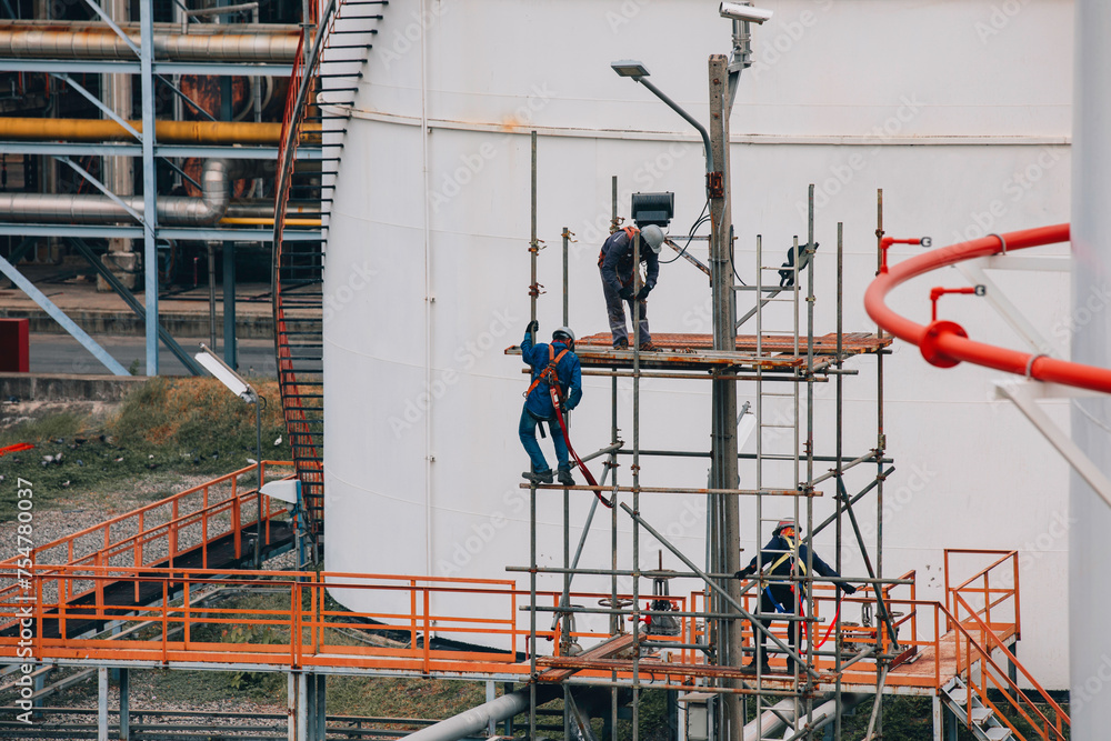Construction workers installing scaffolding storage tank Oil​ refinery​ and​ plant and tower column of Petrochemistry industry