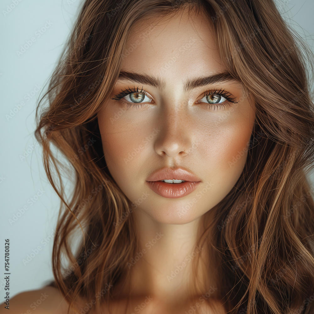 Beauty brunette woman with neat hair and healthy skin looks at the camera natural makeup of a young beautiful model on a studio background with copy space. cosmetic concept ai technology Beauty brunette woman with neat hair and healthy skin looks at the camera natural makeup of a young beautiful model on a studio background with copy space. cosmetic concept ai technology
