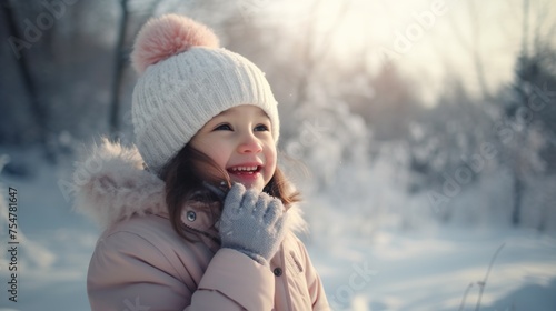 Portrait of a little girl in a snowy park. Сhild playing in the winter.