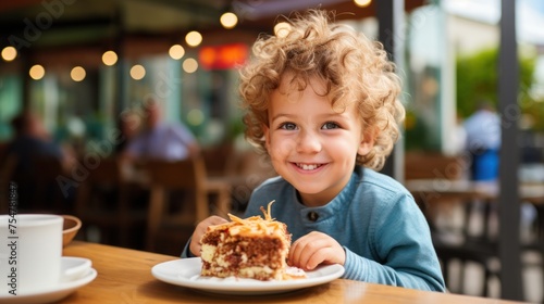 Cute little boy eating cake dessert in a cafe.