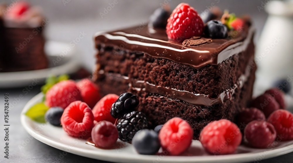 Chocolate cake slice with delicious glaze and berries on a white plate