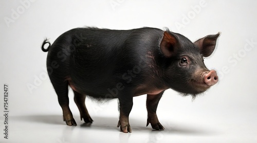 Domestic black pig on white background