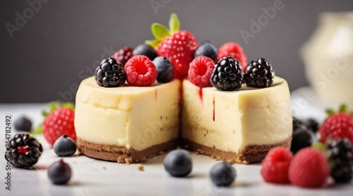 New York cheesecake with berries on white background