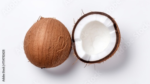 A coconut half is showcased in isolation against a white background, captured from a top-down perspective.