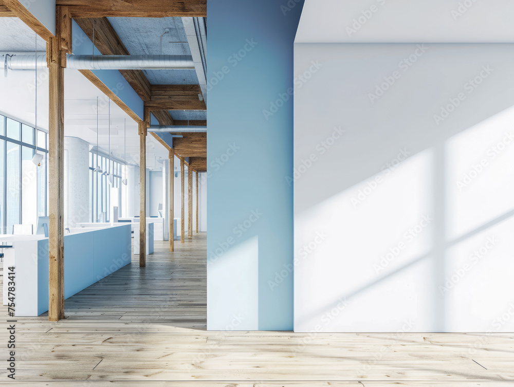 Obraz premium An empty office interior with concrete walls, wooden beams, and blank banner spaces. Ai generative illustration