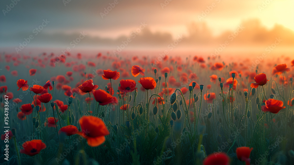 red poppy field in morning mist. generative ai - obrazy, fototapety, plakaty 
