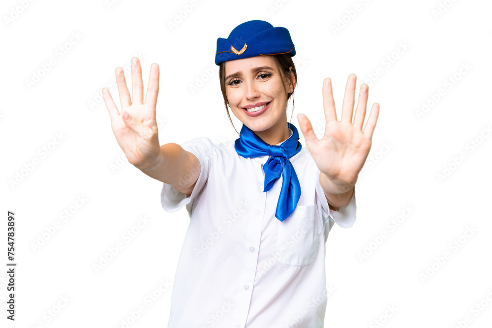 Airplane stewardess over isolated chroma key background counting nine with fingers
