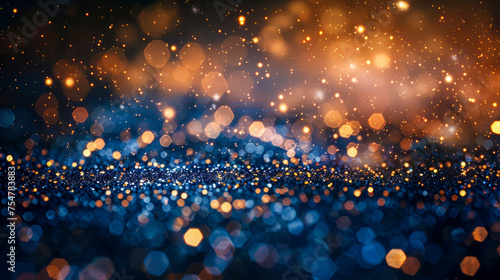 Festive background. Falling small round pieces of gold foil, glowing circles of different sizes on blue blurred bokeh background. Holiday, celebration, Christmas, New Year, Valentine’s Day. Copy space