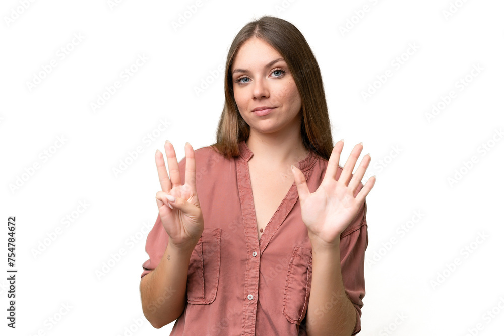 Young beautiful blonde woman over isolated background counting eight with fingers Young beautiful blonde woman over isolated background counting eight with fingers