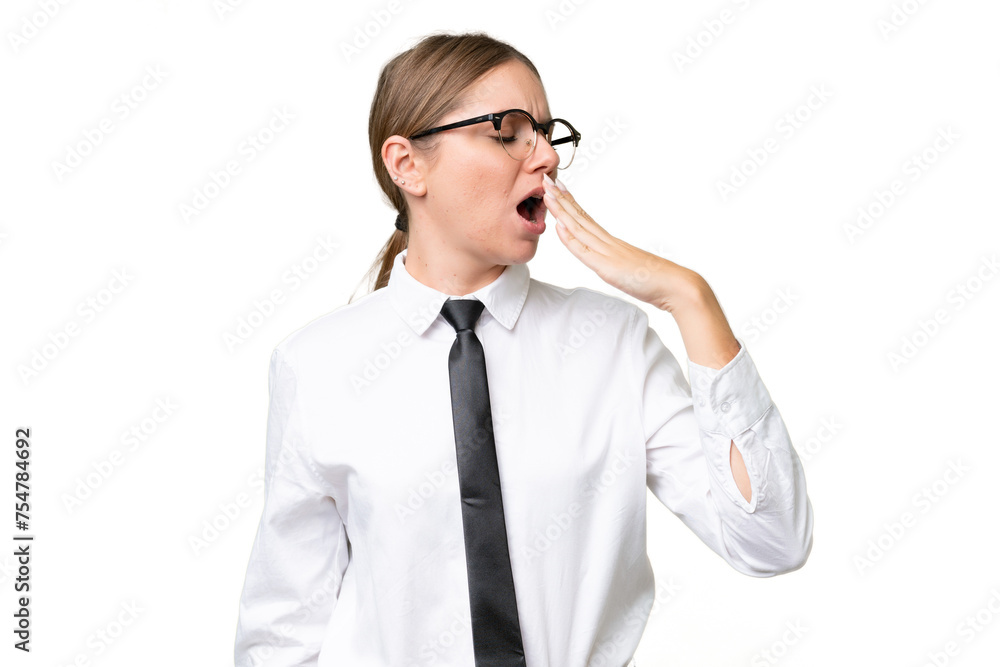 Young business caucasian woman over isolated background yawning and covering wide open mouth with hand Young business caucasian woman over isolated background yawning and covering wide open mouth with hand