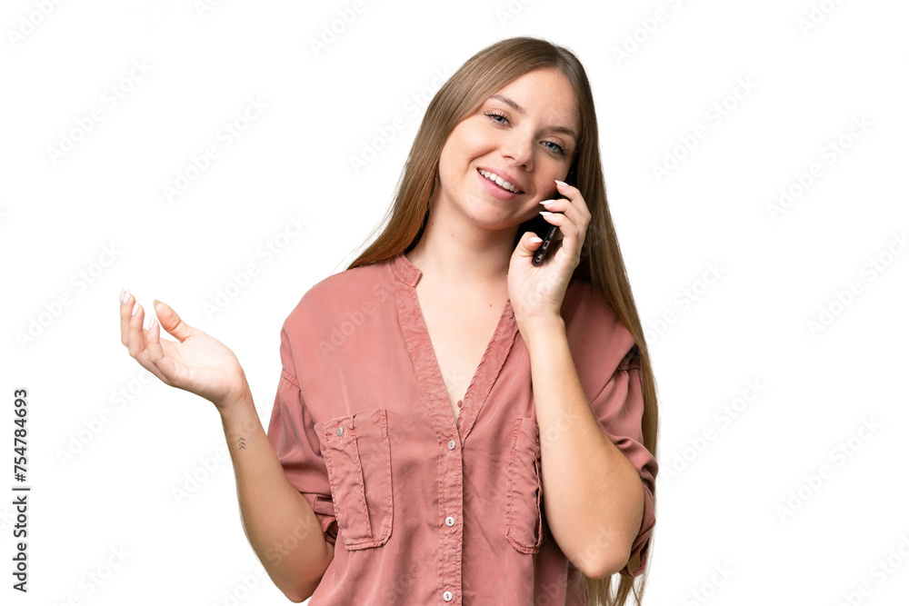 Young beautiful blonde woman over isolated background keeping a conversation with the mobile phone with someone Young beautiful blonde woman over isolated background keeping a conversation with the mobile phone with someone