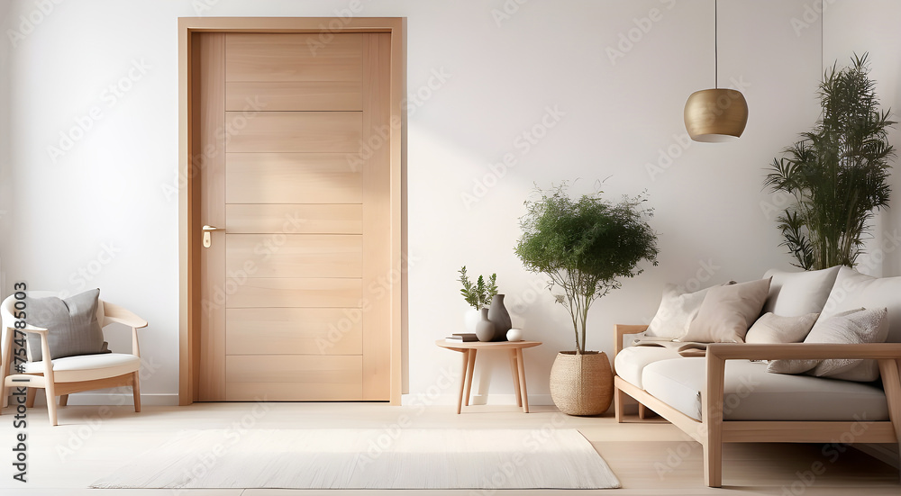 Fototapeta premium Close up of wooden door. Minimalist home interior design of living room.