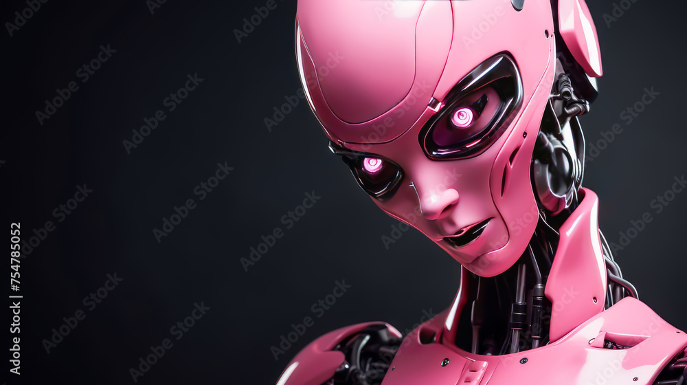 Pink evil robot on black background