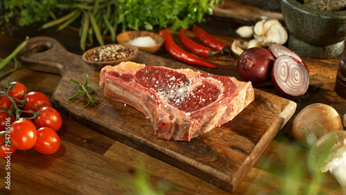 A view of a fresh raw beef steak on a wooden board placed on the kitchen counter. The concept of meat preparation.