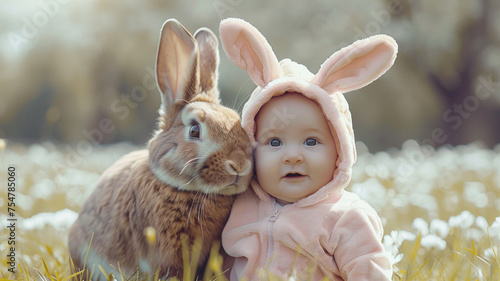 happy little baby wearing cute rabbit costume with easter bunny in the park