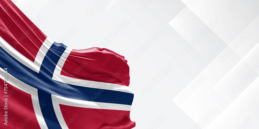 Fototapeta premium Norway national flag cloth fabric waving on beautiful white Background.