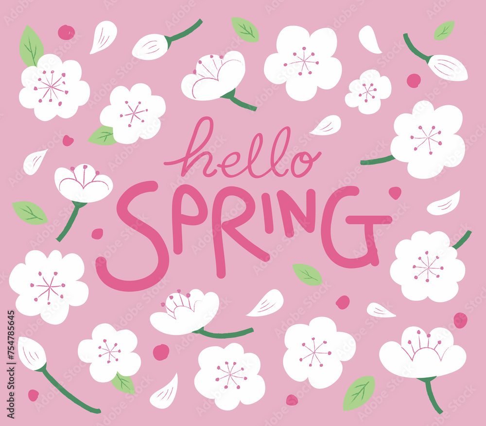 Hello spring illustration with spring flower hand drawing design Hello spring illustration with spring flower hand drawing design