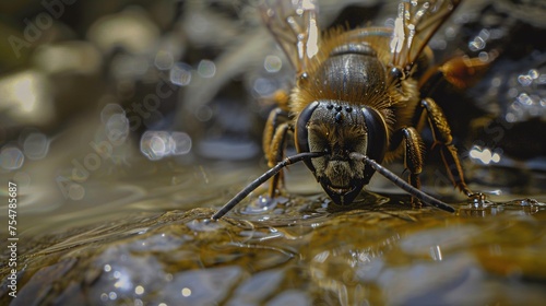 A bee drinking from a water source  captured in a close-up macro shot.