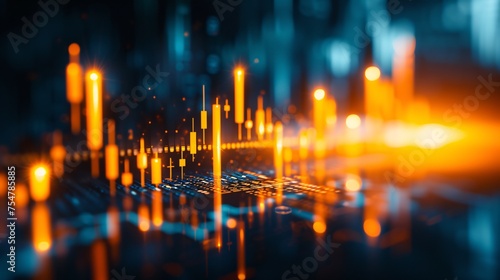 A symbol of prosperity and success, a golden candlestick represents investments in the stock market, financial growth and trading value on a 3D graph background.