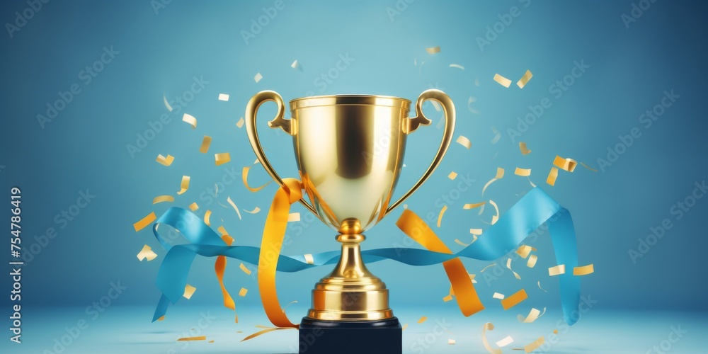 Golden trophy and streamers, business and competition concept, blue background, celebration confetti celebration confetti ribbon and sparkling glitter, symbolizing victory and success in a competition Golden trophy and streamers, business and competition concept, blue background, celebration confetti celebration confetti ribbon and sparkling glitter, symbolizing victory and success in a competition