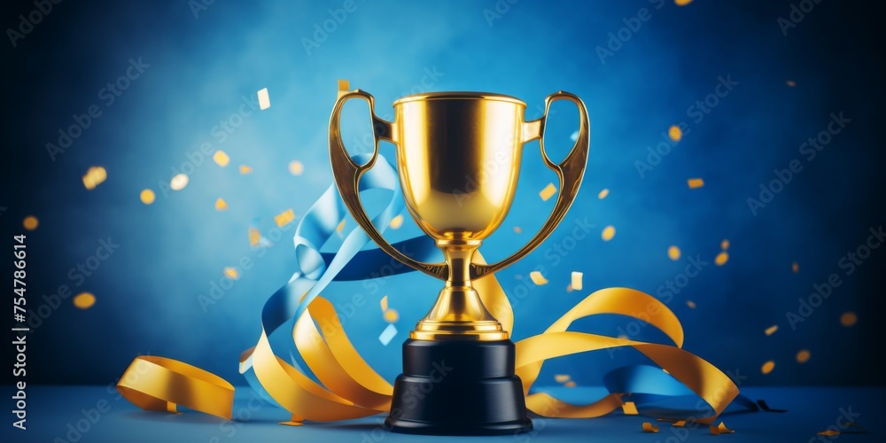 Golden trophy and streamers, business and competition concept, blue background, celebration confetti celebration confetti ribbon and sparkling glitter, symbolizing victory and success in a competition Golden trophy and streamers, business and competition concept, blue background, celebration confetti celebration confetti ribbon and sparkling glitter, symbolizing victory and success in a competition