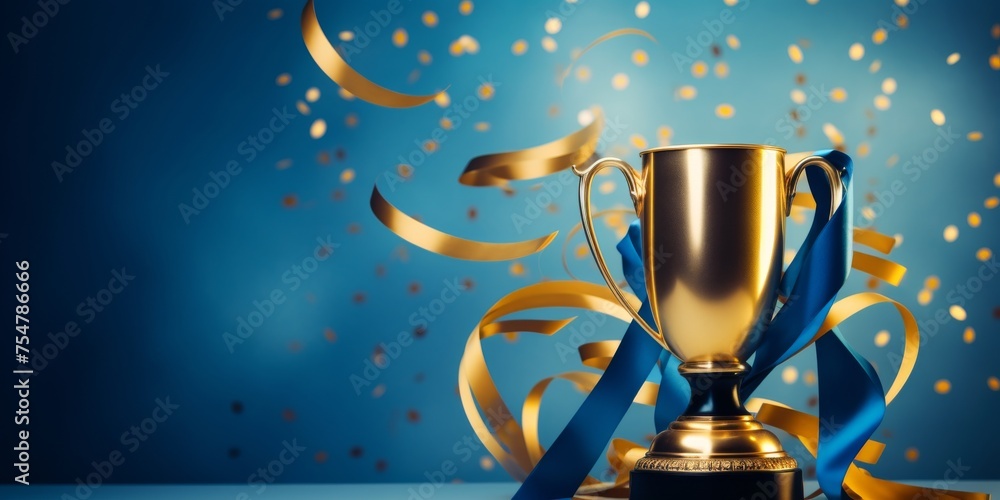 Golden trophy and streamers, business and competition concept, blue background, celebration confetti celebration confetti ribbon and sparkling glitter, symbolizing victory and success in a competition Golden trophy and streamers, business and competition concept, blue background, celebration confetti celebration confetti ribbon and sparkling glitter, symbolizing victory and success in a competition