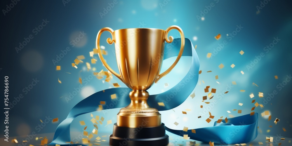 Golden trophy and streamers, business and competition concept, blue background, celebration confetti celebration confetti ribbon and sparkling glitter, symbolizing victory and success in a competition Golden trophy and streamers, business and competition concept, blue background, celebration confetti celebration confetti ribbon and sparkling glitter, symbolizing victory and success in a competition