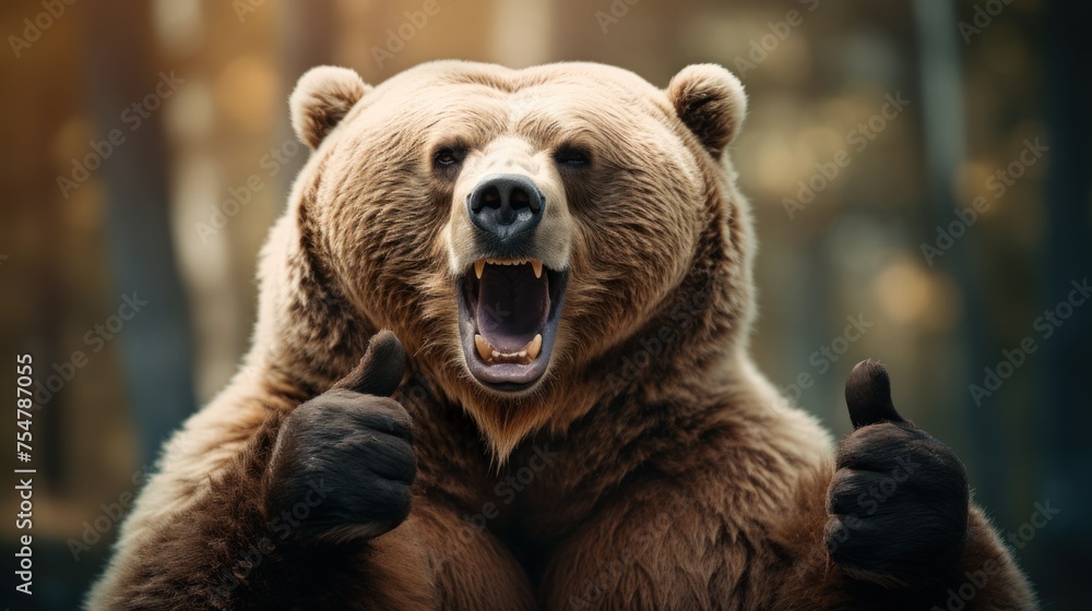 Fototapeta premium Portrait of friendly bear making thumbs up.