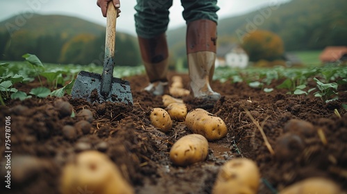 A farmer cultivating soil with a hoe to grow potatoes. photo