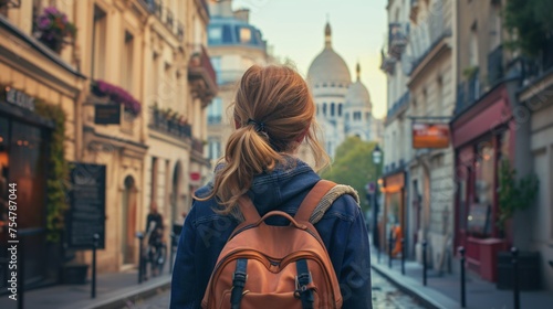 A woman visiting Paris, admiring the cityscape on a street.
