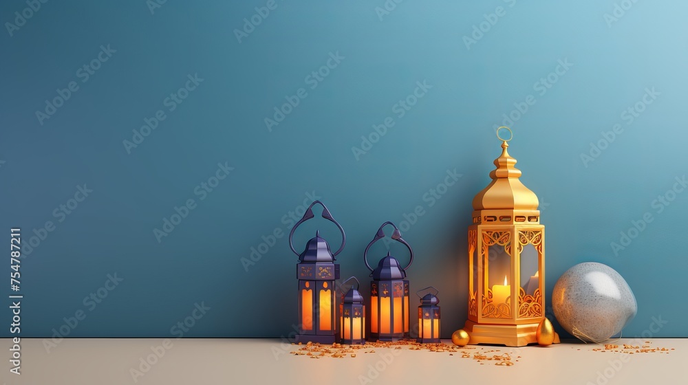 A Ramadan banner design background showcases colorful lantern lamps and dates, capturing the essence of Eid Mubarak and Ramadan Kareem in a 3D image. A Ramadan banner design background showcases colorful lantern lamps and dates, capturing the essence of Eid Mubarak and Ramadan Kareem in a 3D image.