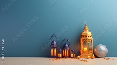 A Ramadan banner design background showcases colorful lantern lamps and dates, capturing the essence of Eid Mubarak and Ramadan Kareem in a 3D image.