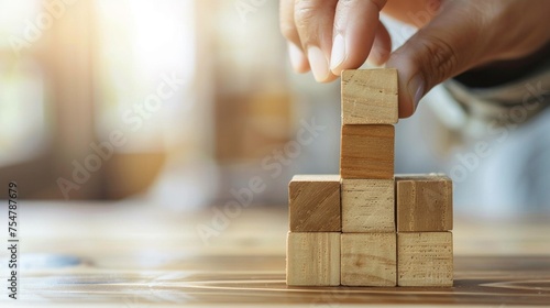 Business development and growth success process concept. Hand arranging wood block stacking as step stair on a blurred background, copy space.