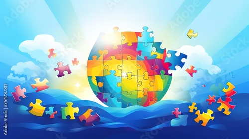 World Autism Awareness Day, jigsaw puzzles and cartoon boy holiday promotional illustrations,AI generated.