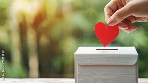 Someone put a red heart into the charity box to symbolize a sincere donation. Generate AI image photo