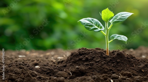 A small green plant is growing in the dirt