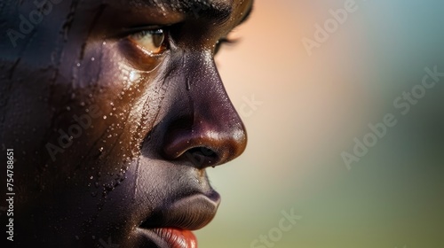 A man with sweat on his face and a wet nose