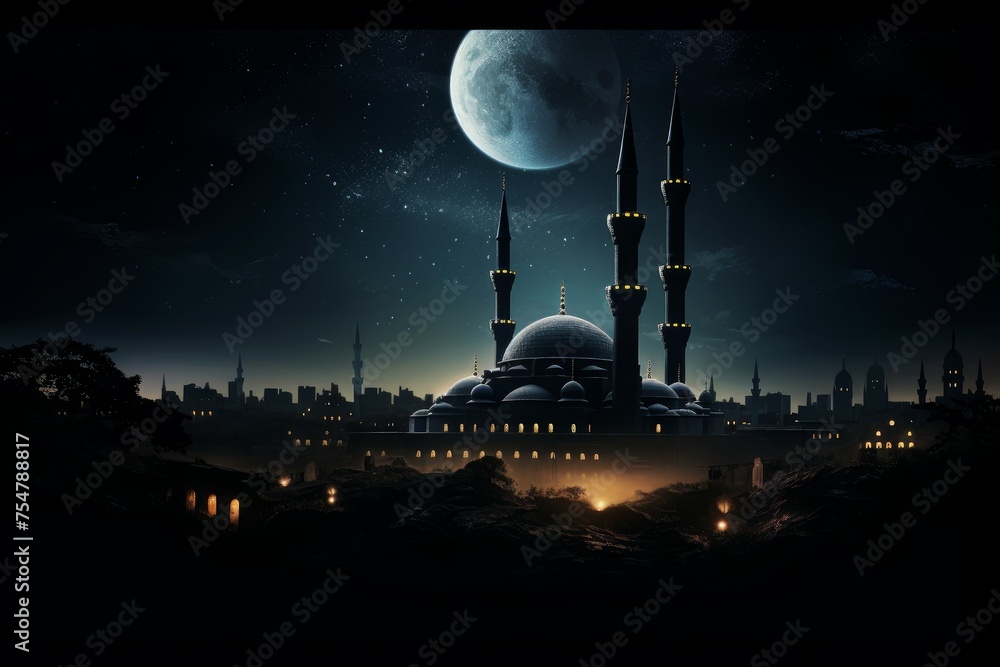 Celestial Mosque evening sky moon. Light ramadan. Generate Ai
