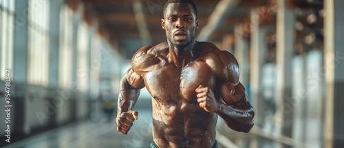 Detailed view of a fit young man running muscles in focus