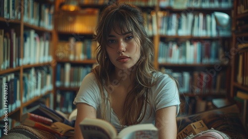 Woman Holding Book in Front of Bookshelf