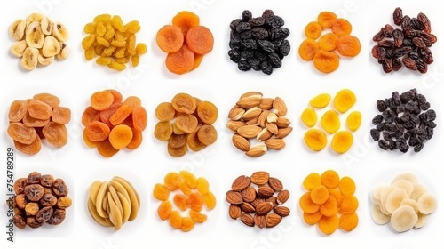 A set of dried fruits is isolated on a white background, captured from a top view.
