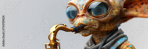 A 3D animated cartoon render of a humorous alien serenading with a saxophone. photo
