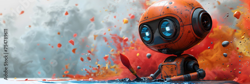 A 3D animated cartoon render of a playful robot artist painting with a vivid paintbrush.