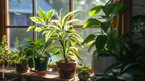 Fresh leaves of indoor plants basking in the morning sunlight.