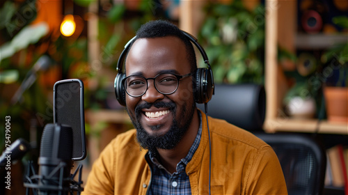 Smiling man podcaster hosts record audio podcast in home studio